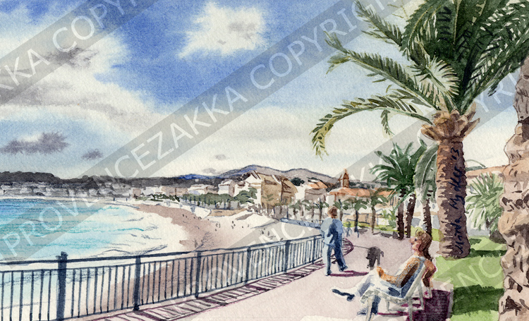 Nice, Baie des Anges, French water color painting, signed print